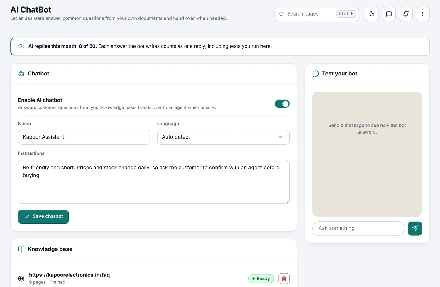 AI chatbot settings and knowledge base