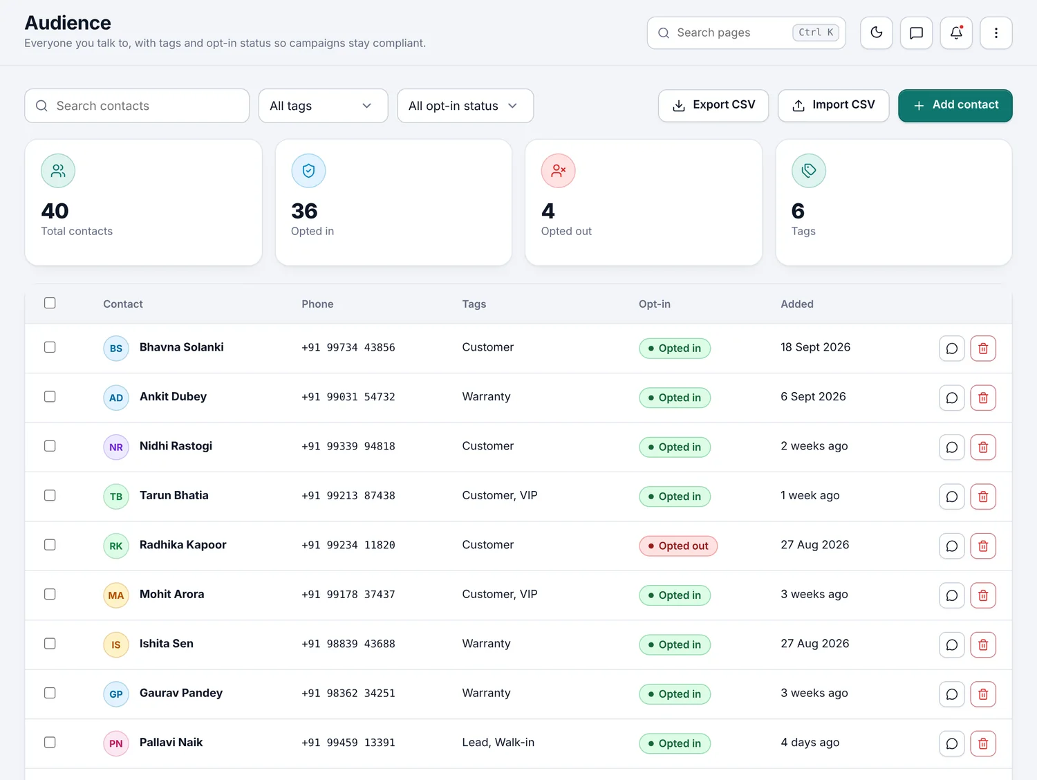 Audience list with tags and opt-in status