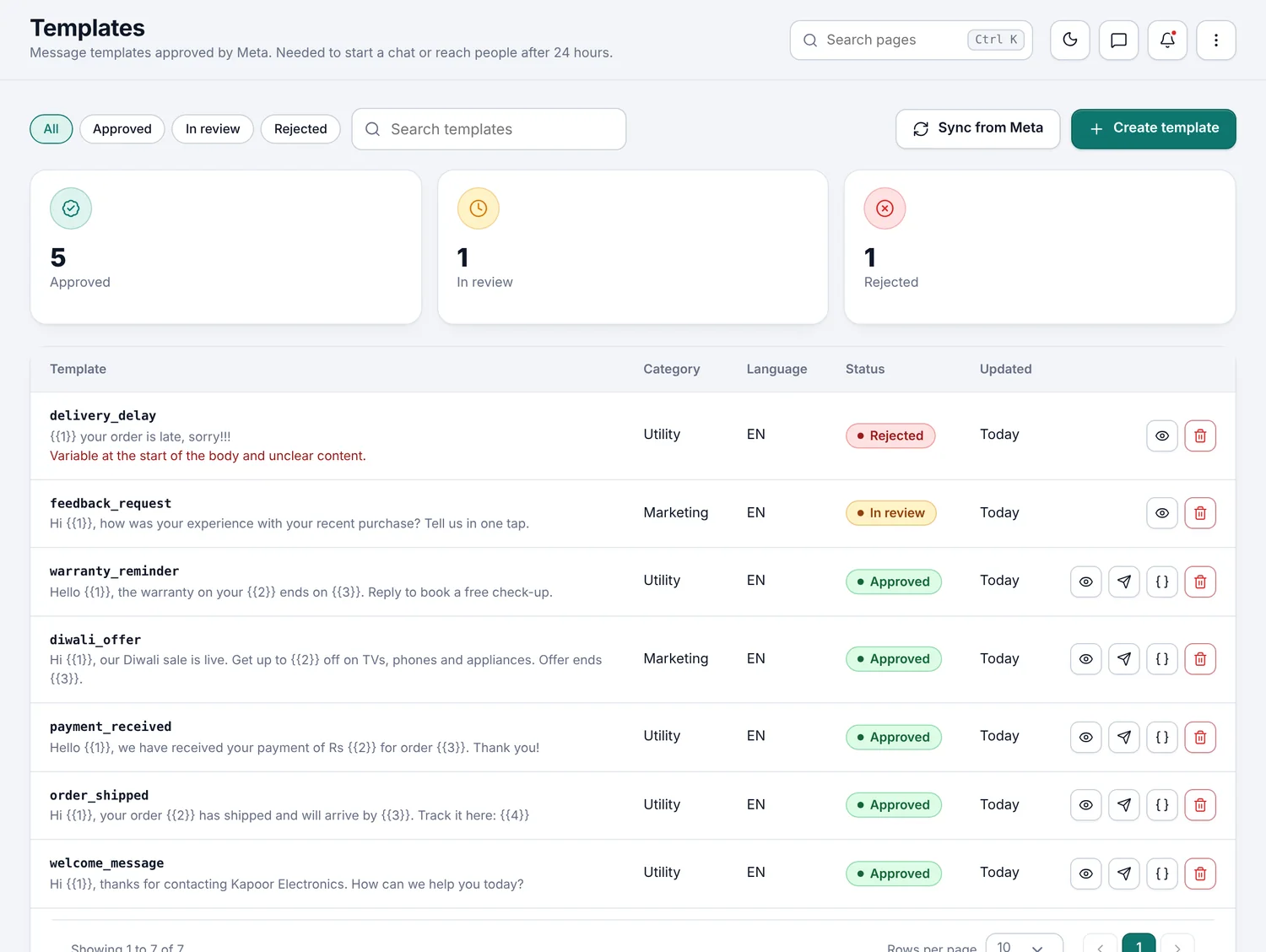 Message templates with approval status